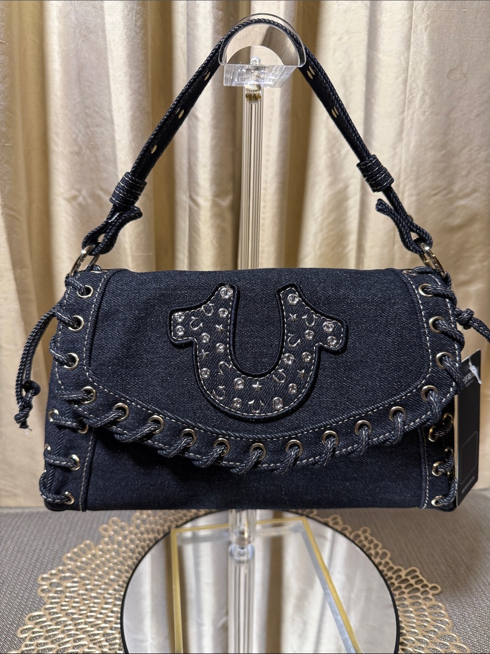 True Religion Joey Studded Horseshoe Eyelet Denim Flap Shoulder Bag NWT